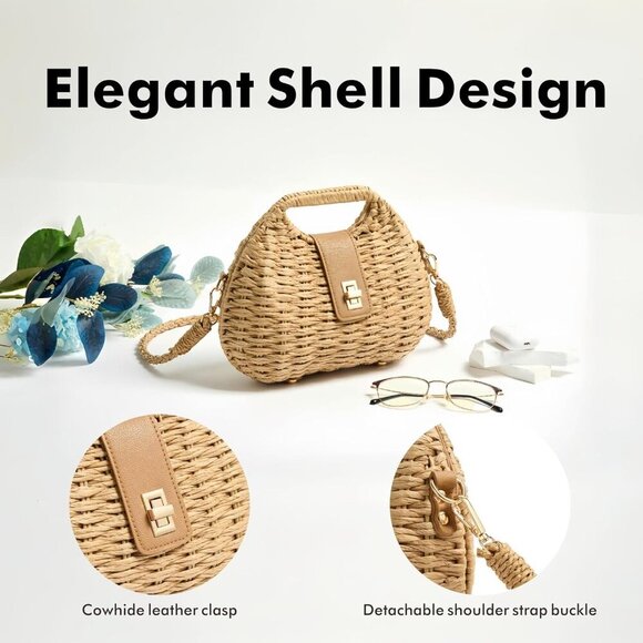 Woven Straw Purse with Crossbody Strap Summer Beach Bag Women's Handcrafted - Picture 3 of 7